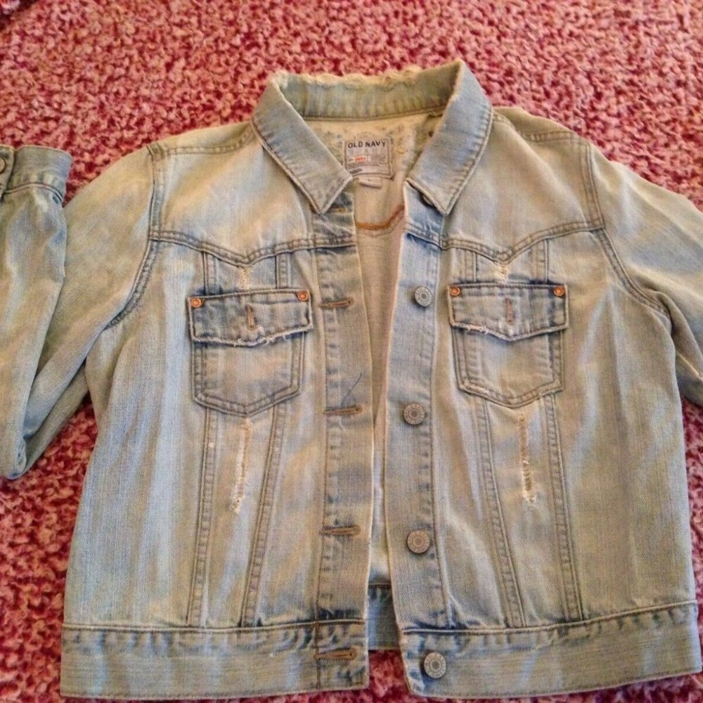 Vintage 90s Old Navy Beaded Denim Jacket Destroyed / Distressed Pre-Owned